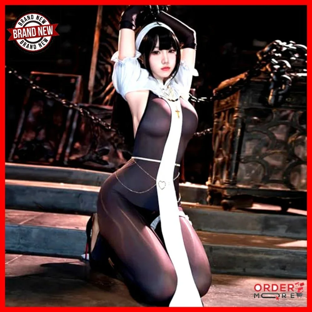 Sexy Nun Costume Bodysuit Set with Veil and Accessories for Women